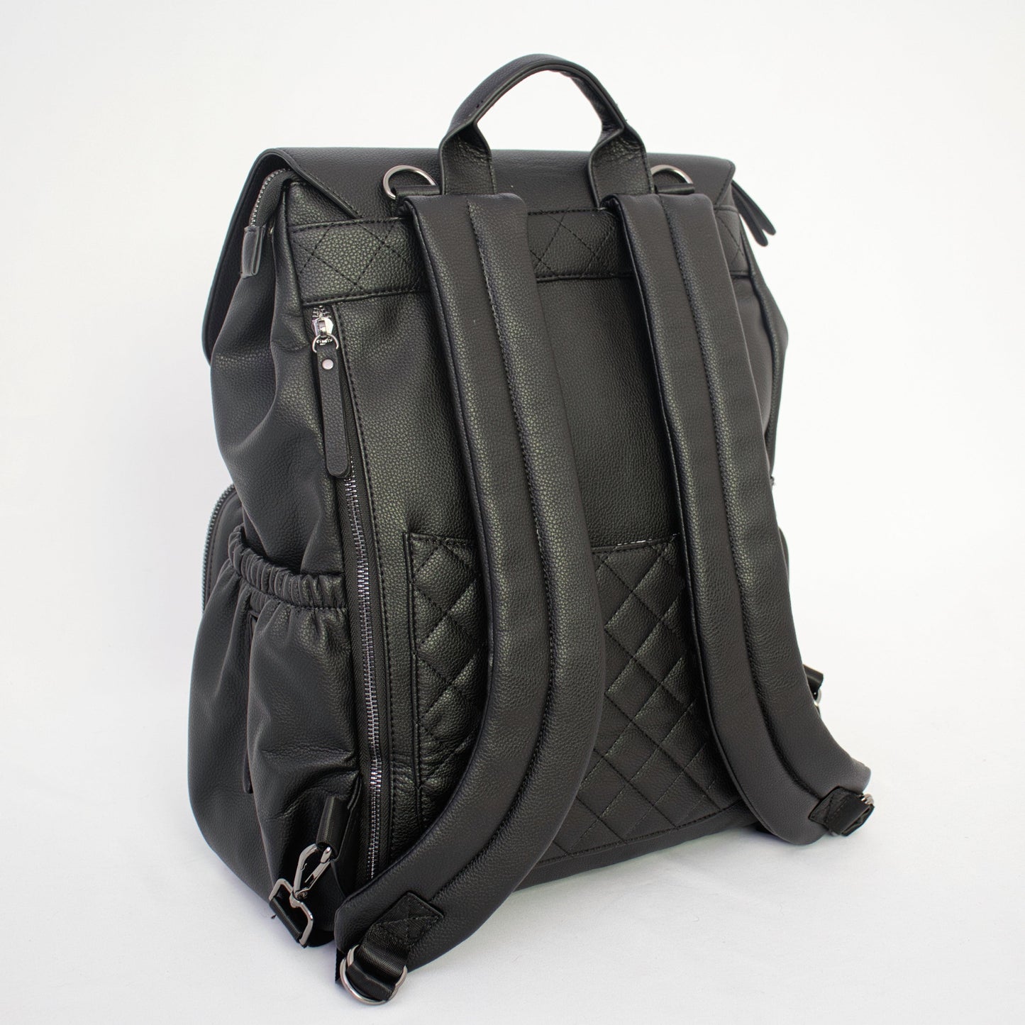 Rear of Milana Baby Bag in Matte Black by L&M Boutique with zip pocket, padded shoulder straps and quilted rear pocket