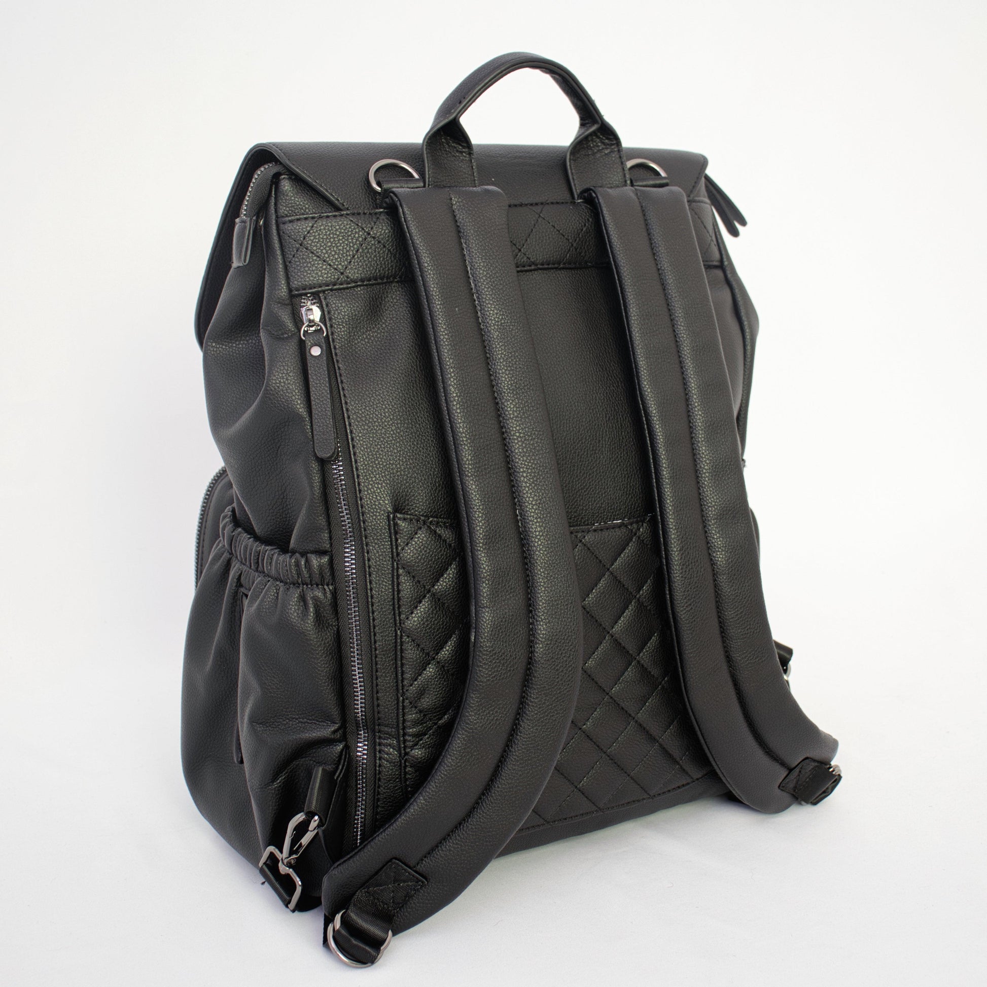 Rear of Milana Baby Bag in Matte Black by L&M Boutique with zip pocket, padded shoulder straps and quilted rear pocket