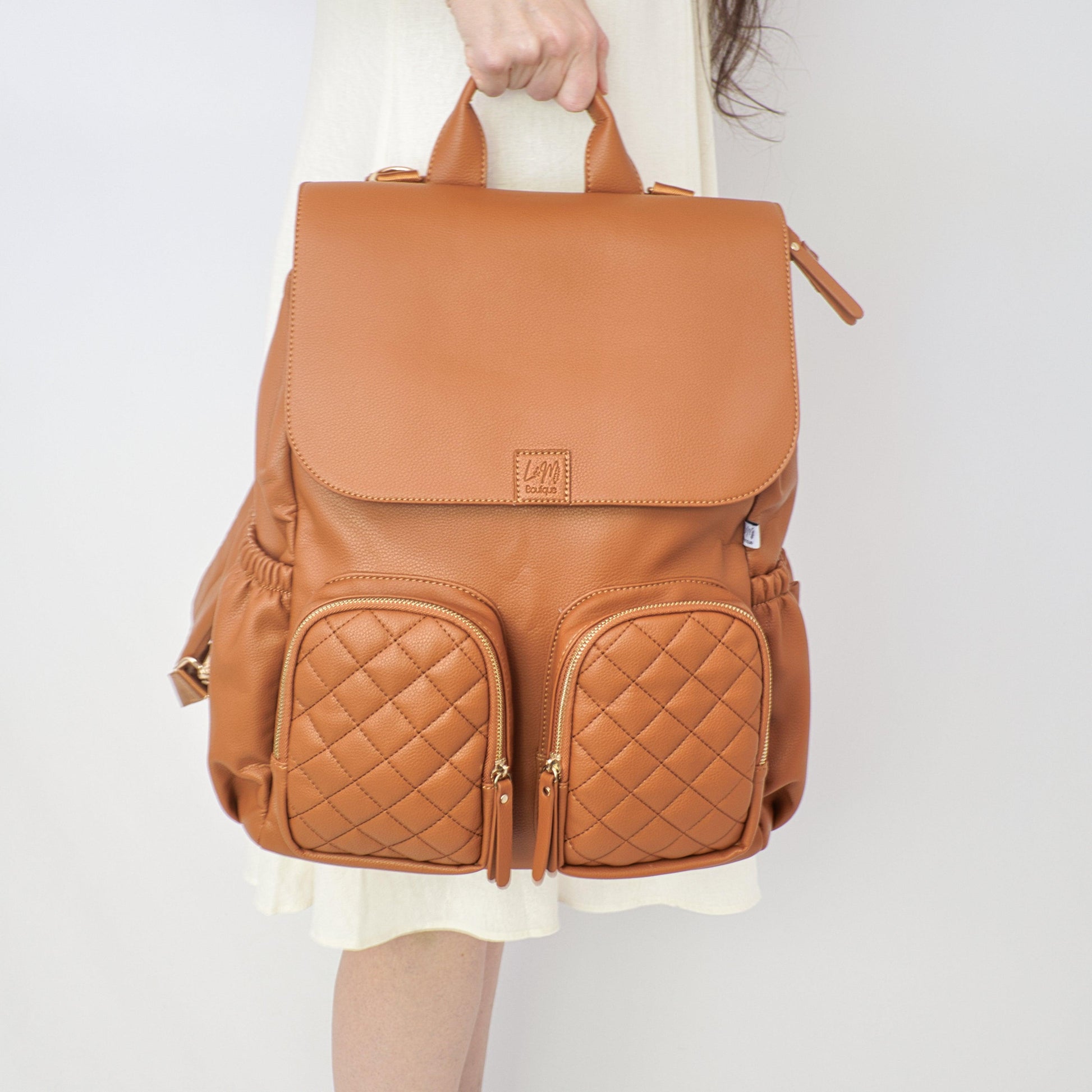 Multi-pocket multifunctional Nappy Bag that you will be proud to showcase by L&M Boutique Australia | Baby Backpack | Diaper Bag | Tan Nappy Bag