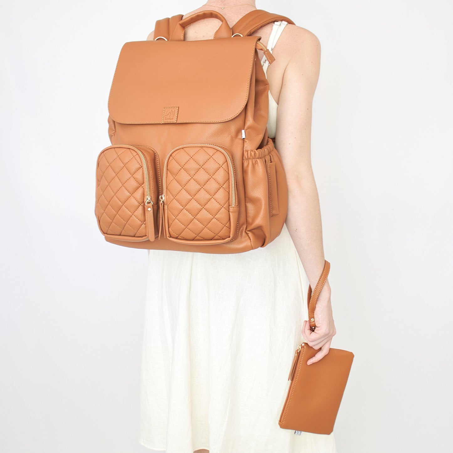 Stylish, Elegant and Practical ChaMilana Nappy Bag in Tan by L&M Boutique Australia with insulated pockets for baby bottles| Tan Baby Bag | Nappy Backpack | Diaper Bag | Changing Bagnging Nappy Bag by L&M Boutique