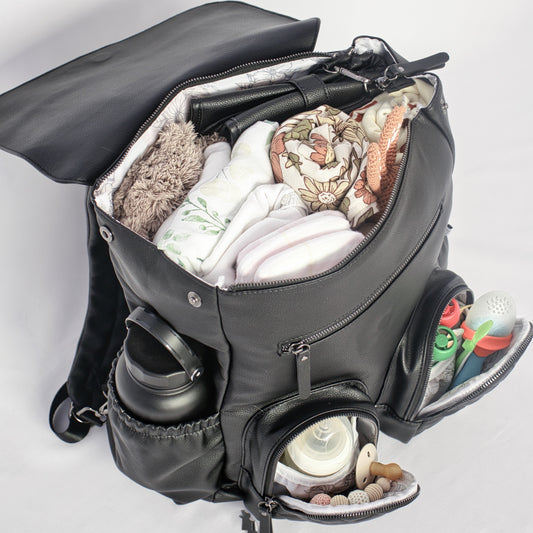 Milana Baby Nappy Bag backpack by L&M Boutique Australia packaged and orginised with Mum and Baby essential | Diaper Bag | Nappy Backpack | Changing Bag | Black Baby Bag
