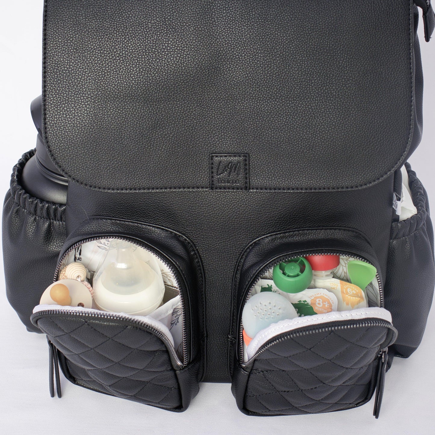 Milana Baby Bag Backpack in Matte Black by L&M Boutique with pockets for baby essentials
