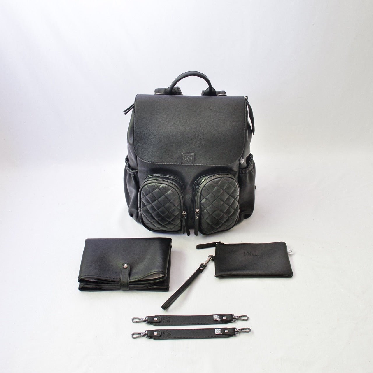 Milana Baby Nappy Bag in Matte Black with Baby Changing Mat, Pram Clips and Clutch by L&M Boutique Australia | Diaper Bag | Nappy Backpack | Changing Bag | Black Baby Bag