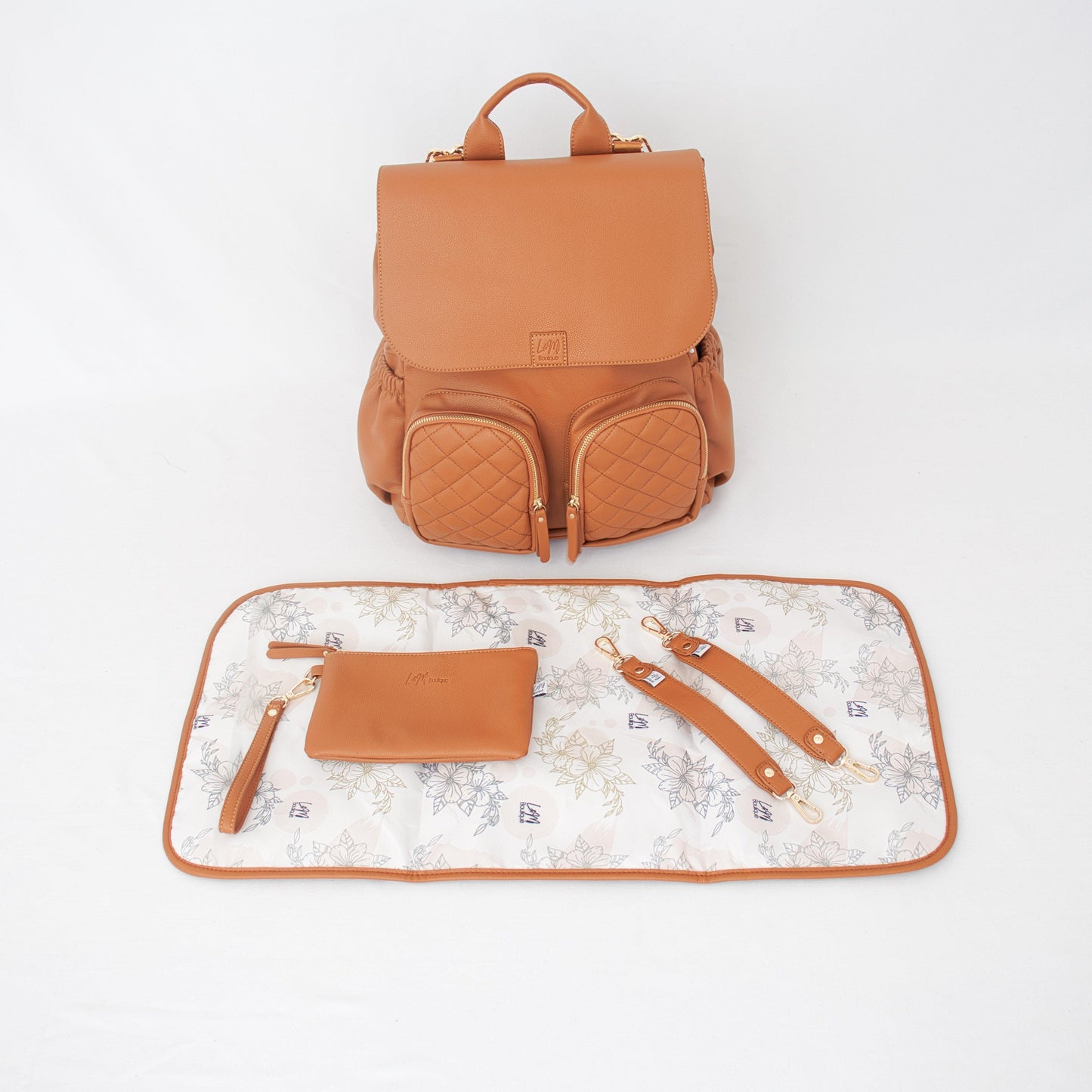 Milana Nappy Bag in Tan by L&M Boutique Australia with insulated pockets for baby bottles| Tan Baby Bag | Nappy Backpack | Diaper Bag | Changing Bag
