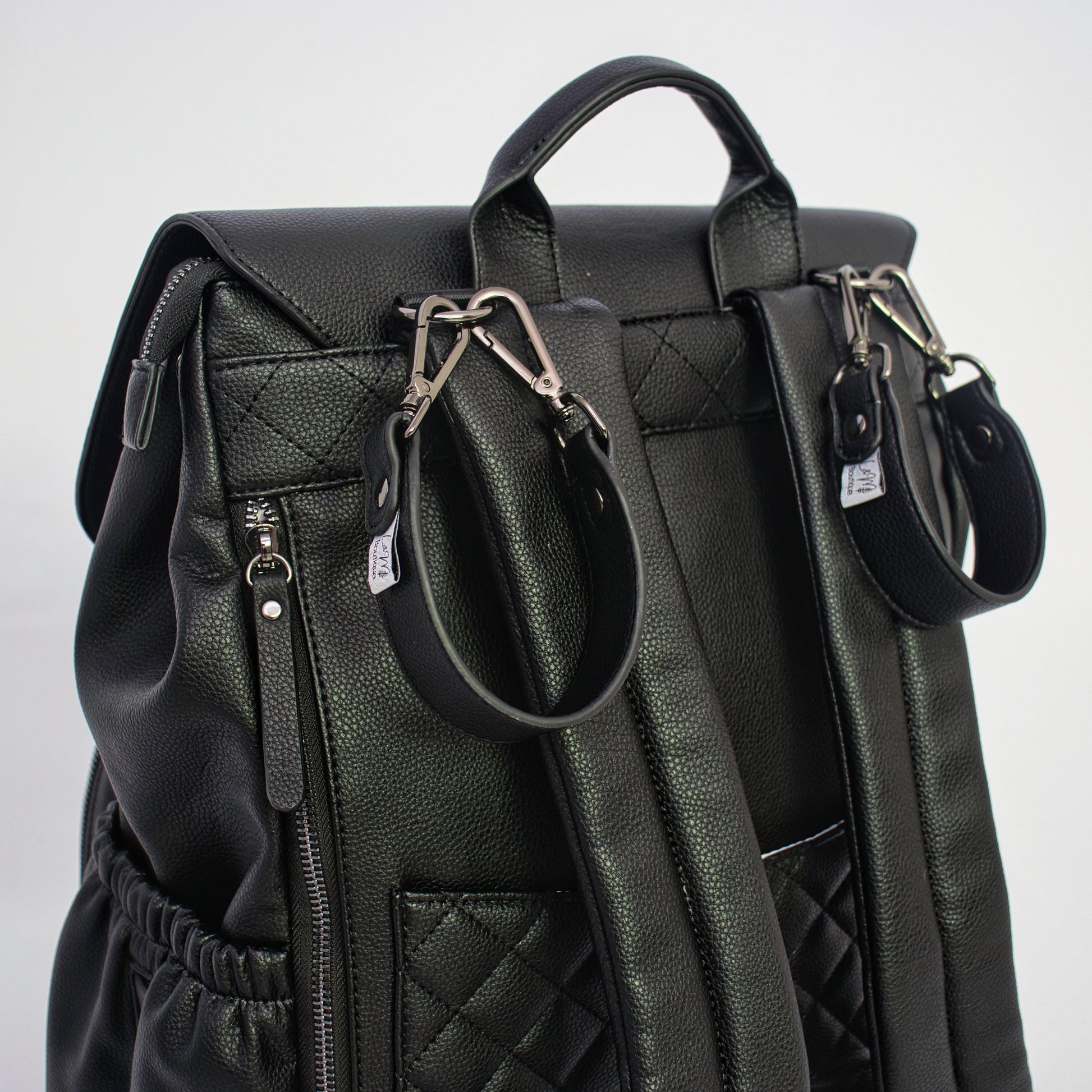 Milana Baby Backpack in Matte Black by L&M Boutique with pram clips for stroller attachment