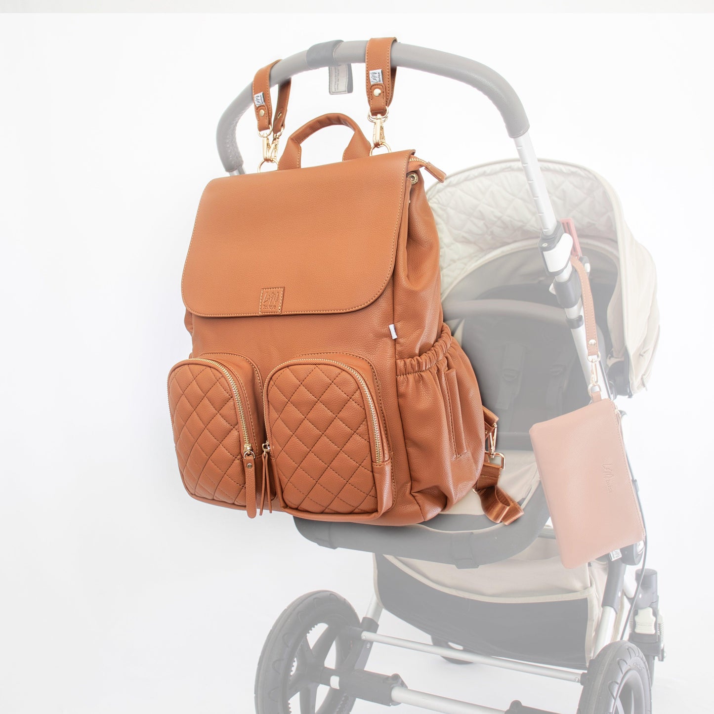 Milana Nappy Bag - Tan - L&M Boutique attached to pram | Baby Backpack | Diaper Bag 